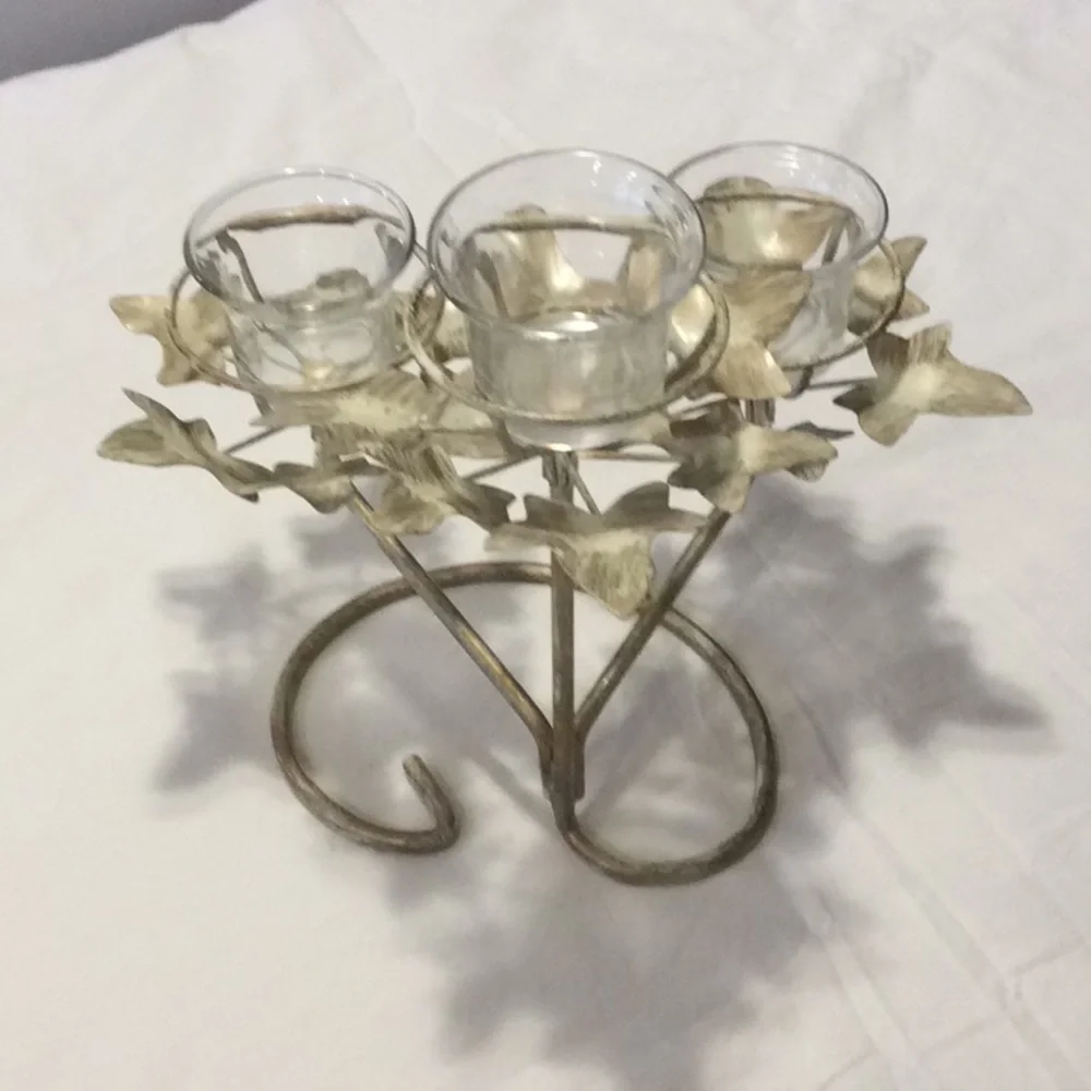 Leaf Tea Lite 3 Votive Candle Holder Cream white with gold
